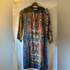 Clements Ribeiro Mixed Print 100$ Silk Maxi Dress Brocade Yoke Size 8 NWT